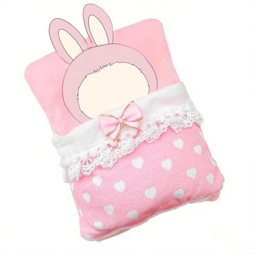 One-Piece Doll Bed for LABUBU 17cm Doll - Adorable Pink Theme with White Heart Patterns and Lace Trim, Perfect for Dollhouse Furniture Accessories, Pink