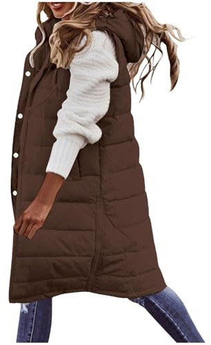 Dam puffar långa västar vadderad dam vinter lång ärmlös jacka enfärgad hel dragkedja med huva väst plus size utomhus vattentäta jackor med fickor vinter varm quiltad väst damer kroppsvärmare, Kaffe, L