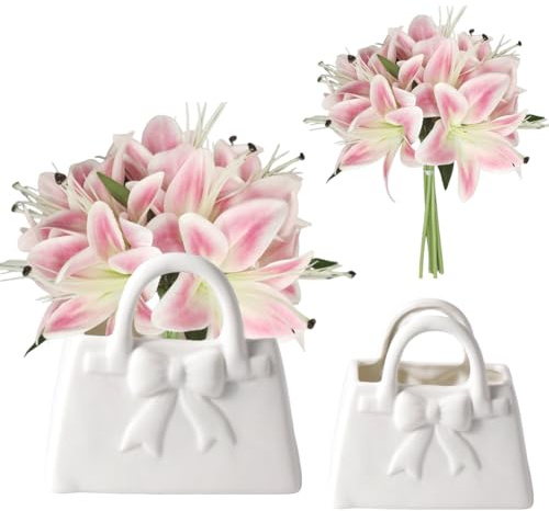 Magicherry White Bow-Embossed Handbag Shaped Ceramic Vase with Artificial Lily Flowers Real Touch Silk Flowers Makeup Brush Pen Holder for Home Office Table Decor
