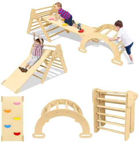 Yunvin 3-in-1 Climbing Frame Set with Climbing Triangle and Arch Wooden Climbing Fitness for Children Toddlers, Children's Pickler Triangle