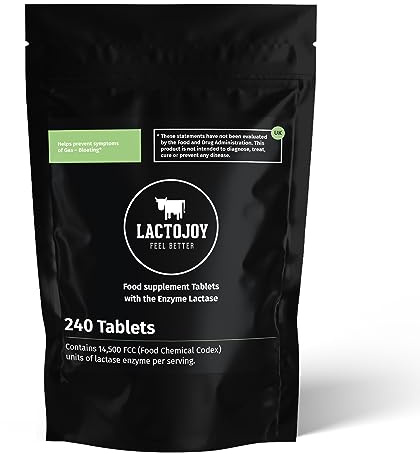 LactoJoy Lactase Tablets | Helps with Lactose Intolerance | 240 Pcs. Refill of Extra-Strength Dose (14,500 FCC) | 100% Vegan | Supports The Lactose Digestion | Chemical Free