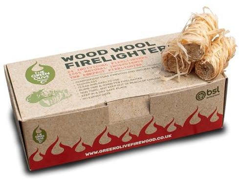 Green Olive Firewood - Wood Wool Firelighters - Natural Firelighters for Wood Burners, Pizza Oven, Campfires & more - BBQ Lighters - Pack of 24