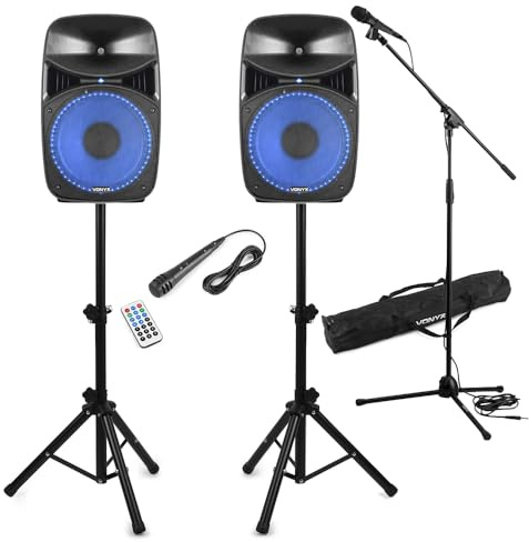 Vonyx VPS102 10 Bluetooth Active Party Speaker Set with Built-In Light Show, Wired Microphones, Mixer, Speaker Stands & Mic Stand– Ideal for Karaoke, Home Parties and Events