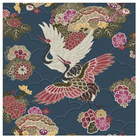 Akari Kyoto Cranes Floral Wallpaper Navy Blue/Magenta Pink Rasch 282763