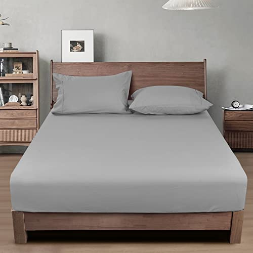 PHF 100% Garment Washed Cotton Fitted Sheet Queen Size - Cozy Cloud Soft Linen Like Bottom Sheet Only with Elastic Deep Pockets, Easy Fit Breathable Warm not Shrink,60x 80,Grey,No Pillowcase