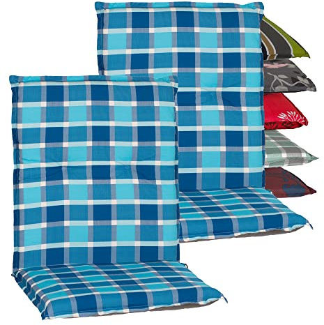 Beo Niedriglehner Auflagen 2er Set Barcelona | Made in EU nach Öko-Tex Standard | Waschbare Stuhlauflage Niedriglehner mit Halteband | Atmungsaktive Auflagen Niedriglehner in Blau Kariert