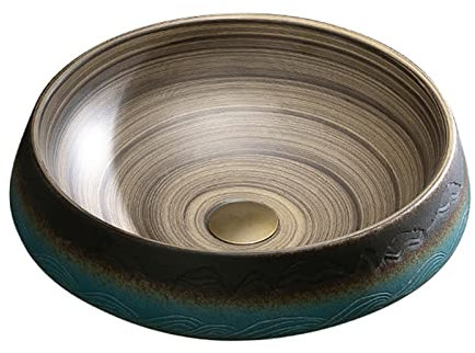 CLLBANT Waschbecken im Vintage-Stil mit handgraviertem Rand, rundes Keramikwaschbecken, Unterbauwaschbecken, ideal für das Badezimmer zu Hause