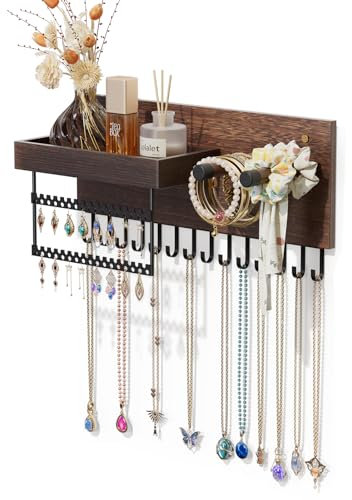 Lolalet Présentoir Bijoux Mural, Porte Bijoux Bois Suspendu, Porte Boucles d’Oreille Colliers Bracelets Bagues Parfum -Brun
