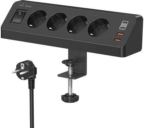 Prise de table avec USB C (PD 20W), multiprise 8 en 1, bureau avec interrupteur, prise multiple 4 prises, 4 USB, protection contre les surtensions avec câble de 2 m pour la maison et le bureau (noir)