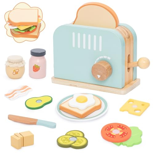 Wooden Toaster Toy Set for Kids – Pretend Play Pop-Up Toaster Breakfast Playset with Bread, Butter, Knife, Egg & Food Accessories – Montessori Kitchen Toy for Toddlers Age 3+