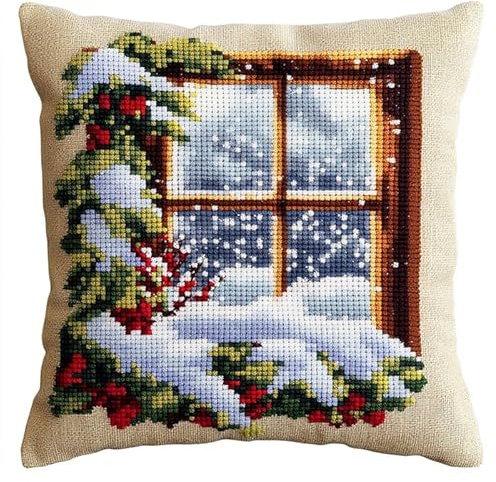 WallustrioaW Schneeszene auf der Fensterbank Kreuzstich Kissen,11CT Sticken Set,Weihnachten,Sticksets Für Erwachsene,Anfänger,Kreuzstichkissen/Stickkissen-Set,45x45cm