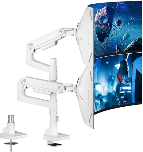 ARES WING Monitorhalterung 2 Monitore für 17-49 Zoll Bildschirme, Monitor Halterung vertikal mit Gasfeder, Höhenverstellbar Schwenkbar Monitor Halterung, Max 20 kg/arm, Monitor arm Weiß