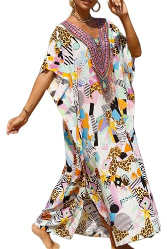 Yanziliu Women's V-Neck Batwing Sleeve Kaftan Dress Lightweight Beach Swimwear Cover Up for Mumu Tropical Vacation