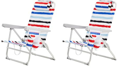 SUNNYFEEL Portable Beach Chair, Folding Low Back Beach Chair, Lightweight Camp Chair with Reclining Position, Backpack Lounger for Beach, Camping, Lawn, Outdoor, Red Blue White Striped, 2 Pack