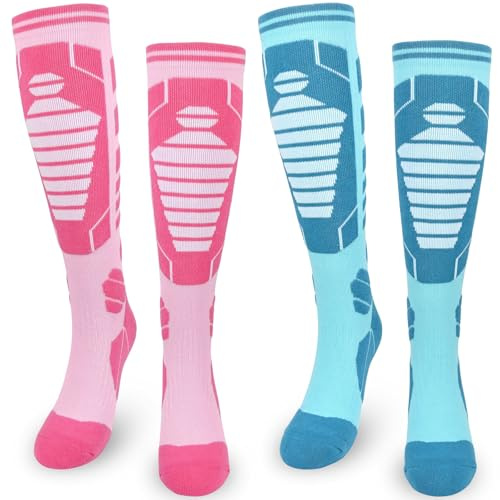 ouhos 2 pares de calcetines térmicos de esquí para mujer, calcetines térmicos gruesos de invierno, para mujer, talla 39-42 (FR/ES, Números, 39, 42, Regular, Regular, Rosa + azul)