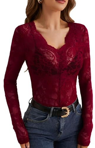Sexig spets topp för damer, hav Through nätskjorta, V-ringad elegant blus, transparent topp, långärmad spetsblus med blommig vardag, festoutfit, Y2K spets, toppar damer