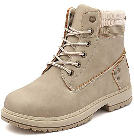 Athlefit Women's Work Waterproof Hiking Combat Boots Lace up Low Heel Booties Ankle Boots Size 8 Khaki