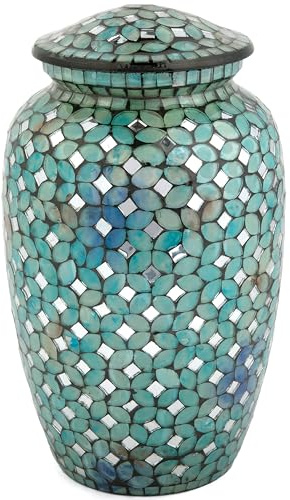 Mosaic Glass Cremation Urn - Hand Made Funeral Urn for Human Ashes - Large Adult Size Burial Urn - Hand Applied Individual Tiles Create a one of a Kind Work of Art - 200 cu in (Blue)