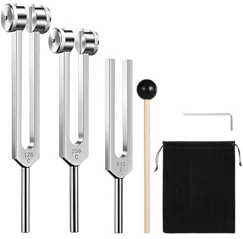 Tuning Fork Set (128Hz, 256Hz, 512Hz) of 3, Weighted & Unweighted Aluminum Forks with Reflex Hammer and Storage Bag for Chakra/Healing/Medical/Sound Therapy Instruments/Yoga/Meditation Accessories