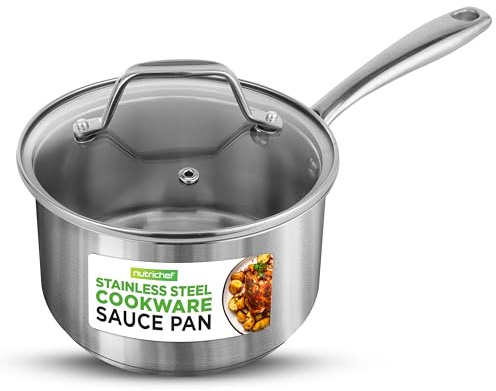 NutriChef 2 Quart Stainless Steel Saucepan with Lid - Heavy Duty Pot with Ergonomic Handles, For All Cooktops