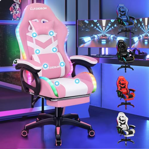 ELFORDSON Gaming Chair with RGB LED Light, 8-Point Massage Computer Office Chair with Lumbar Support Footrest 82cm High Back 150° Recliner, Pink & White