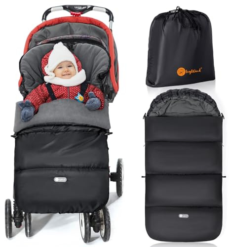 Ivywind Fußsack Kinderwagen Winter, Wasserdicht Fußsack Buggy mit Kordelzug, Universeller Fusssack Kinderwagen Baby mit Verstellbarer Reißverschlus, Abnehmbar und Waschmaschinenfest, Schwarz & Grau