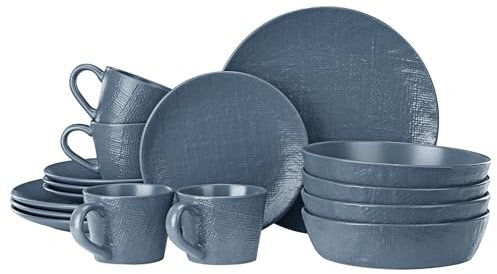 Navaris Vajilla Completa para 4 Personas - Vajillas Completas Modernas de Gres - 16x Platos Vajilla con Platos y Cuencos - Apto para Microondas Lavavajillas y Horno - Azul ahumado