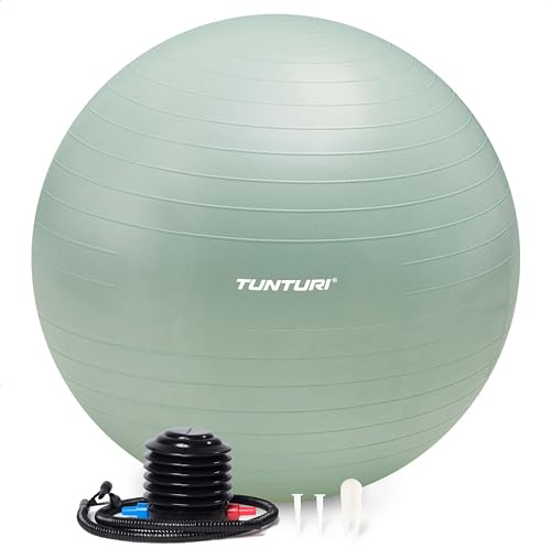 Tunturi Anti Burst Fitness Ball avec Pompe - Ballon de Yoga de 65 cm - Ballon de Pilates - Ballon de Grossesse – Poids utilisateur de 220 kg - INCL Application d'entraînement – Menthe