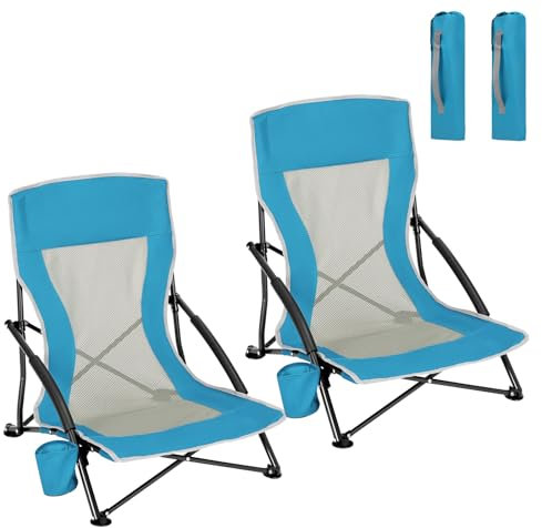 WOLTU Chaise de Plage Pliable, Lot de 2 Chaise Pliante Camping, Transat de Plage, Chaise de Pêche Portable, Fauteuil Pliant, avec Dossier en Maille, Porte-gobelet, Sac de Transport, Bleu