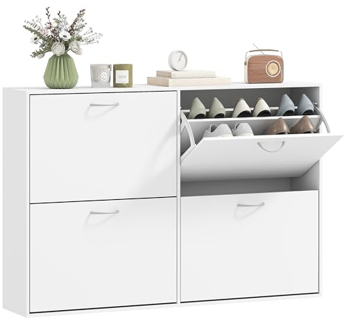 HOMCOM Scarpiera Ingresso Salvaspazio Slim con 4 Ante a Ribalte, Mobile Scarpiera Moderna per 24 Paia di Scarpe con Ripiani Regolabili, Portascarpe in Legno, 120x24x81cm, Bianco