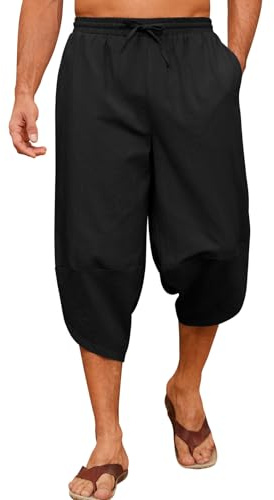 Yuson Girl 3/4 byxor, herr, lätta sommarbyxor, lös passform, sommar, strandbyxor, bomull, haremsbyxor, herrbyxor, fritidsbyxor med dragsko och fickor för semester, yoga, vardag