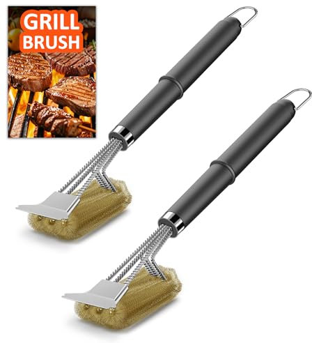Lot de 2 brosses pour barbecue TNTOR en laiton avec poils extra longs, spatule en acier inoxydable et poignée d'isolation thermique en polypropylène, pour barbecue à gaz, barbecue au charbon de bois,