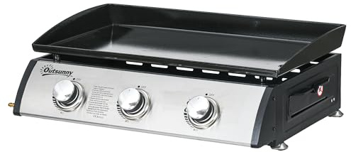 Outsunny Gas Plancha Barbecue Grill with 3 Stainless Steel Burner, 7.5kW, Portable Tabletop Gas BBQ with Non-Stick Griddle and Lid for Camping Picnic Garden Party Festival