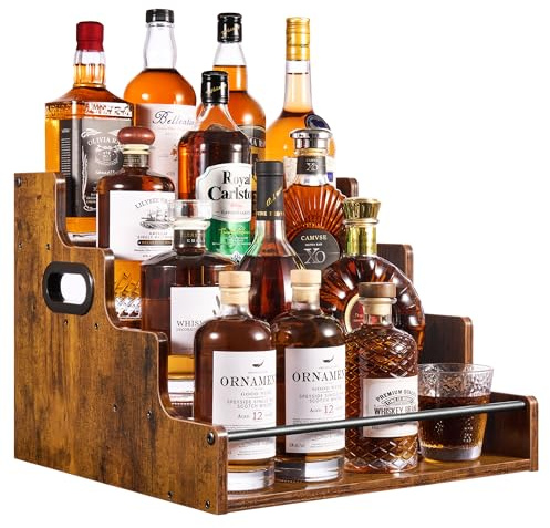 YQBRAO 4-Tier Tiered Liquor Bottle Display Shelf - 16-Inch Rustic Wood Liquor Rack & Coffee Syrup Organizer - Heavy-Duty Countertop Spice Rack with Guardrails & Handles for Bar, Kitchen, Office