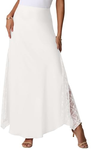 GRECERELLE Faldas maxi de verano de raso para mujer, faldas de seda de cintura alta casual, falda con cremallera para fiestas nupciales y vacaciones, nieve, XL