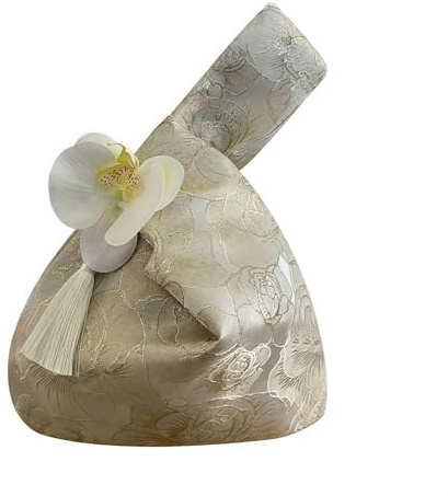 HIMKI Pochette Classica per Matrimonio Borsa da Sposa con Fiori Jacquard Dorato Pompon Borsa da Sposa in Raso per Matrimonio Borsa da Polso Elegante Borsa Regalo per Matrimonio e Festa, champagne, 27