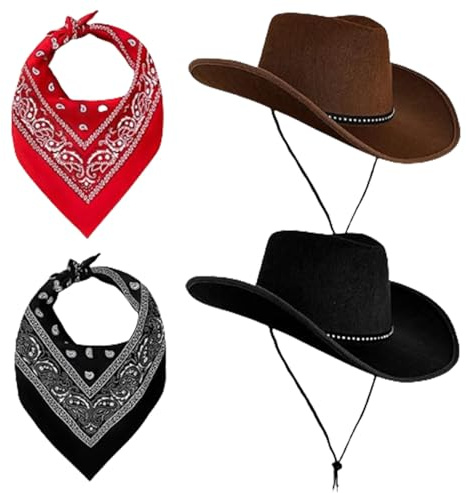 AWAVM Dubbelpack cowboyhatt, 2 filthattar (svart/brun) + 2 Paisley-bandanor, västerländska kostymtillbehör för män och kvinnor