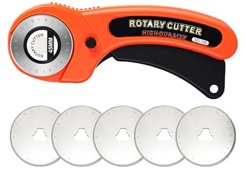 XoeLLe Cutter Rotatif Avec 5 Lames Rondes 45mm Coupe Papier Accessoire Couture Lames de Rechange Ne Découpe Précise Mécanisme Règle pour Patchwork Couteau Rotatif Tissu Cuir Scrapbooking(Orange)