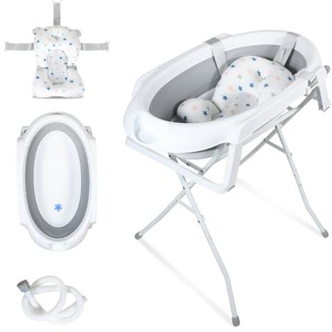 Peviasot Bañera plegable para bebé con soporte, asiento de bañera, manguera de drenaje, tapón de agua reactivo de temperatura, ahorra espacio, seguro para bebés recién nacidos de 0 a 3 meses