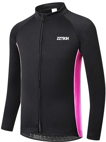 ZZTIKIN Kids Long Sleeve Cycling Jersey - Quick Dry, Full Zip, Reflective (US, Numeric, 7, Black/Pink)