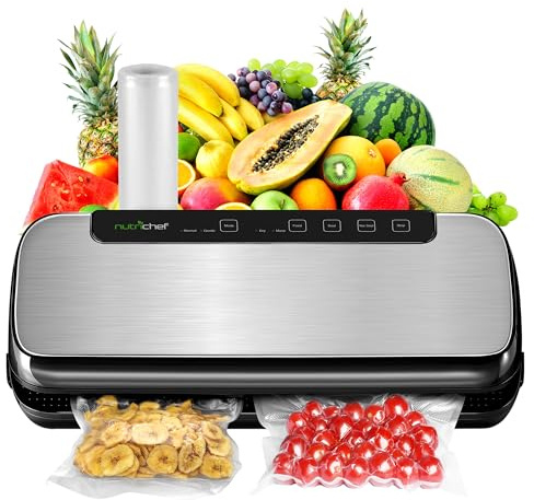 NutriChef Food Vacuum Sealer Machine, Stainless Steel Automatic Air Sealing System for Dry/Moist Foods, LED Touch Controls, Includes Vacuum Hose, Bag Roll and Wine Stopper, 110W Suction Power, 14x6