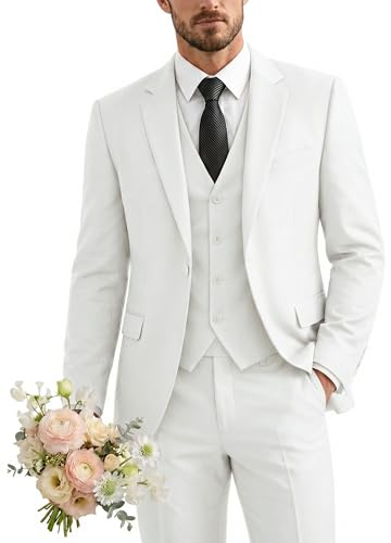 YND - Traje de 3 Piezas para Hombre, con un Solo botón, Chaqueta y Pantalones con Corbata - Blanco - Medium 5'9/6'1, 160/175 lbs