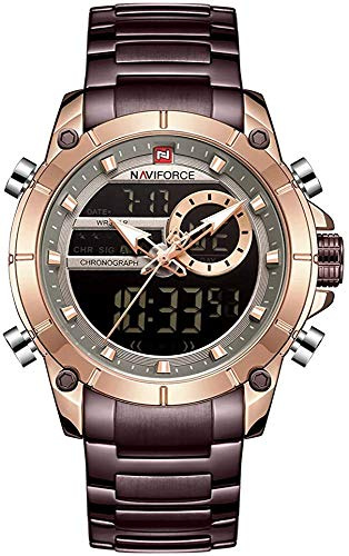 NAVIFORCE Reloj de pulsera de cuarzo con correa de acero inoxidable, resistente al agua, multifuncional, luminoso, doble movimiento, analógico-digital, cronógrafo para hombre, café, pulsera