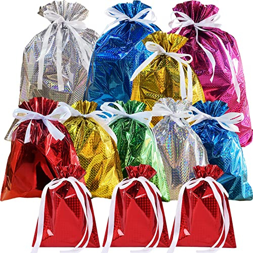 Bolsas de Regalo Con Cordón, Paquete de 12 Grandes Reutilizables de Color Sólido, Brillantes de Papel de Aluminio, Jumbo, para Boda