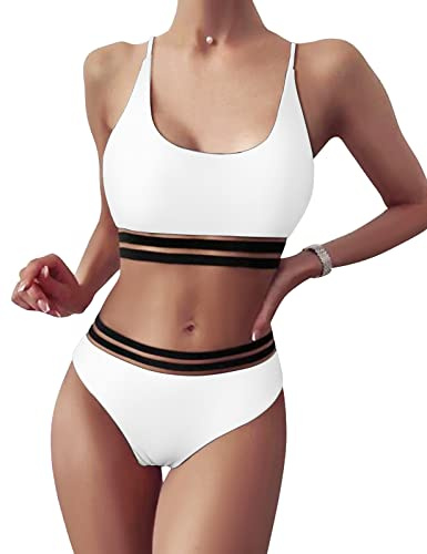 TOMEEK Donna Bikini Set con Mesh Due Pezzi Costume da Bagno Push up Imbottito Alto Taglio Sport Swimwear Swimwear ad Alto Vita Bikini Beachwear per Le Donne(Bianco,M)