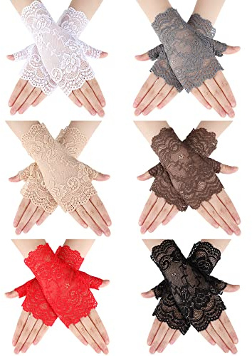 Geyoga 6 Pairs Women's Lace Gloves Fingerless Floral Short Fingerless Gloves for Bridal Wedding Opera Tea Party(Black, Grey, White, Brown, Red, Beige)