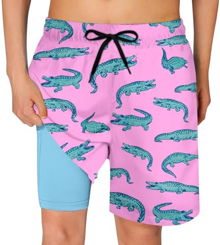Cozople Teen Boys Crocodile Swim Trunks Size 14-16 Swimwear Quick Dry UPF50+ Stretchy Compression Lining Bathing Suits Blue Sports Surfing Boardshorts Swimsuit with Inner Boxer Brief Shorts