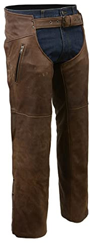 Milwaukee Läder MLM5518 herr vintage Crazy Horse brun läder Chap- slash Pocket överbyxa för motorcyklister - 5X-Large
