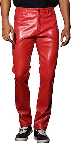 Lars Amadeus Faux Leather Pants for Men's Slim Fit Solid Color Nightclub Disco Skinny Trousers Red 34
