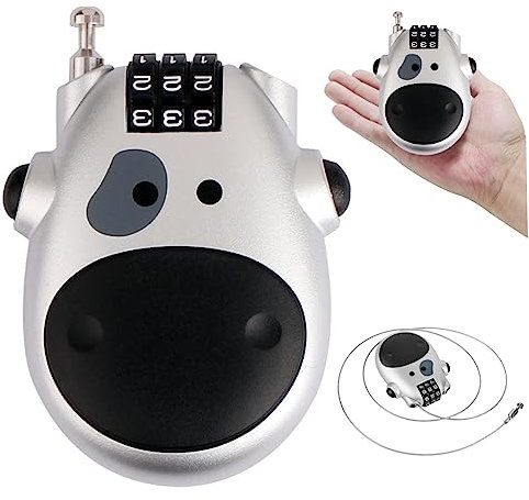 Dorccsi Diebstahlsicheres Teleskop-drahtschloss Einziehbares Kabelschloss Niedliches Kuh-3-stelliges Zahlenschloss Sicherheits-passwortschloss Für Gepäck Fahrrad Snowboard Tasche Motorradhelm Silber